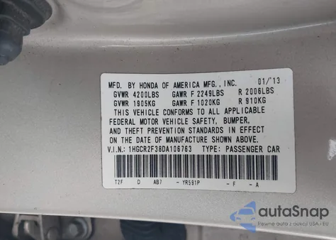 2013 Honda Accord Lx из США, поврежденный, VIN 1HGCR2F38DA106763